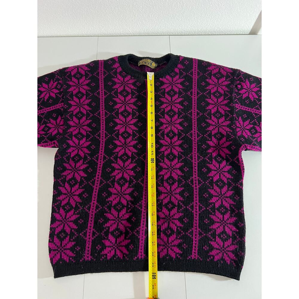 Nordstrikk Norway Sweater Women Large Virgin Wool Black Fuchsia Floral Pullover - Picture 10 of 14